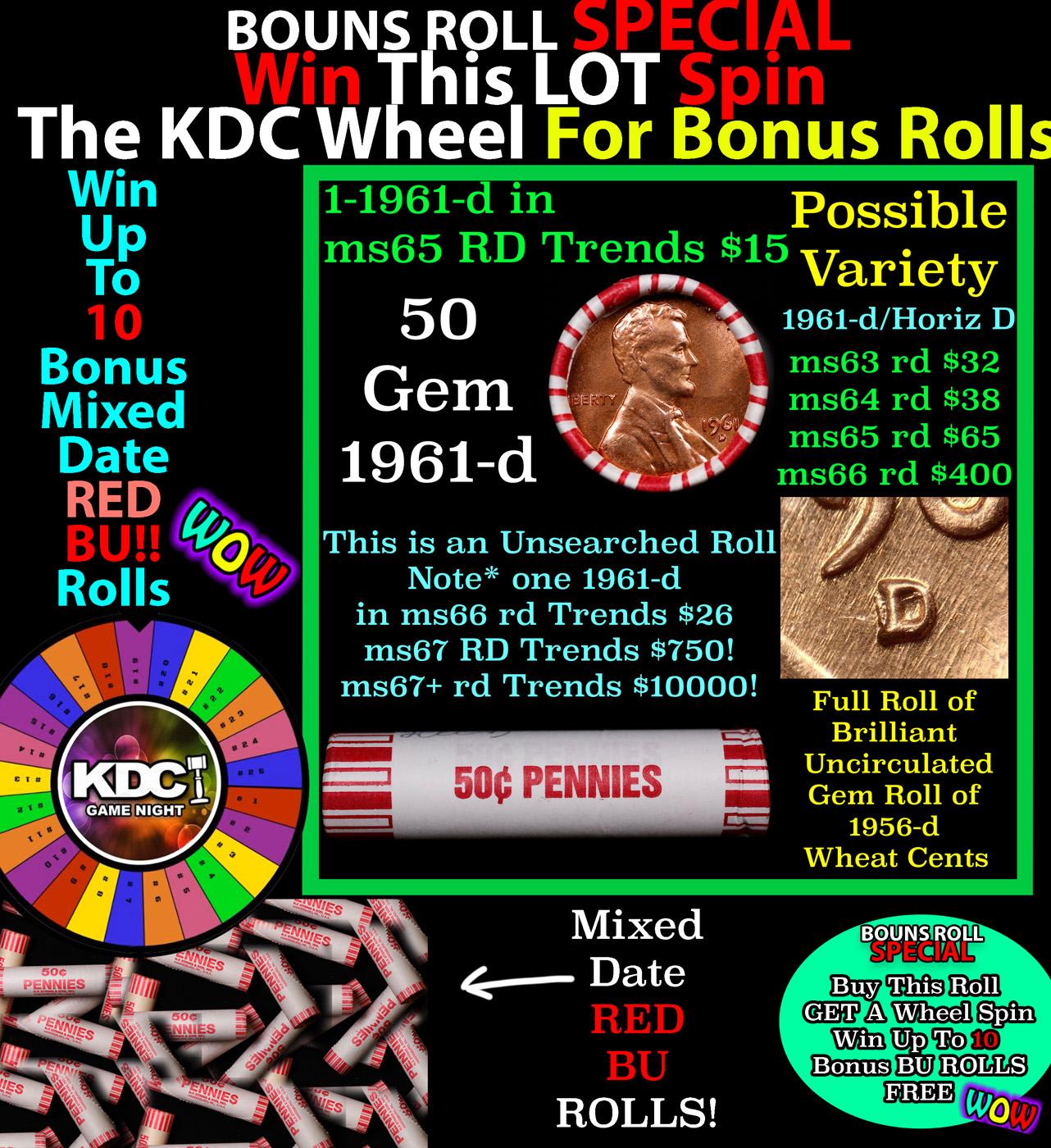 CRAZY Penny Wheel Buy THIS 1961-d solid Red BU Lincoln 1c roll & get 1-10 BU Red rolls FREE WOW