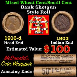 Lincoln Wheat Cent 1c Mixed Roll Orig Brandt McDonalds Wrapper, 1916-d end, 1903 Indian other end