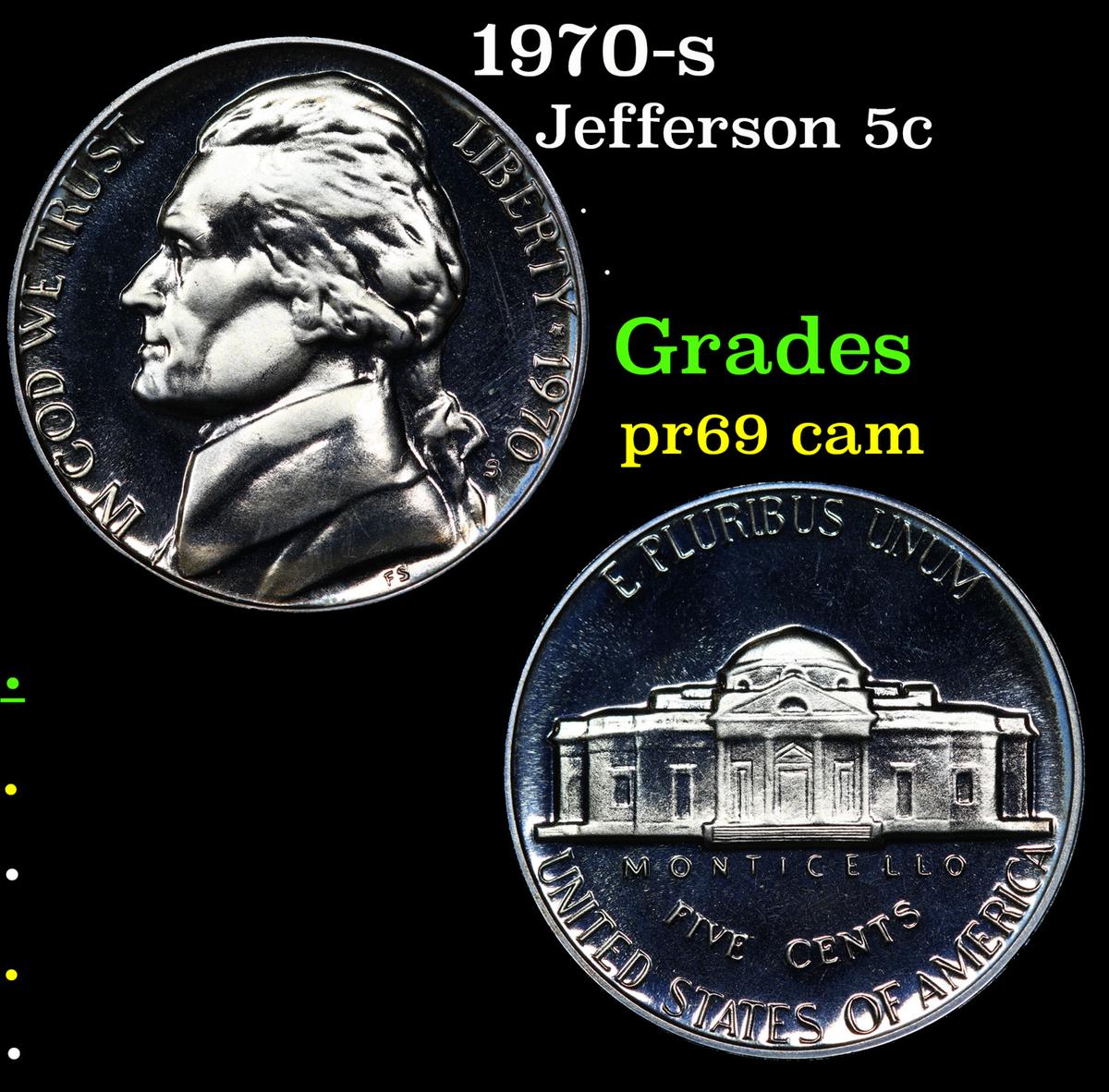 Proof 1970-s Jefferson Nickel 5c Grades GEM++ Proof Cameo