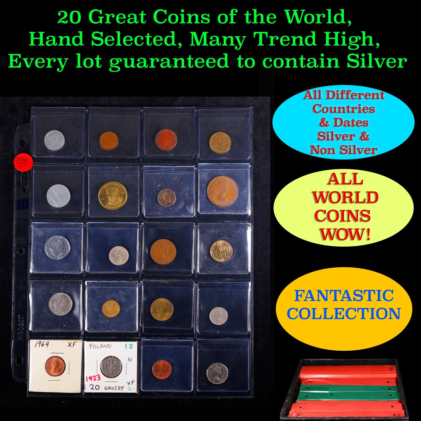 20 Great Coins of the World, hand selected, many trend high, every lot guaranteed to contain Silver.