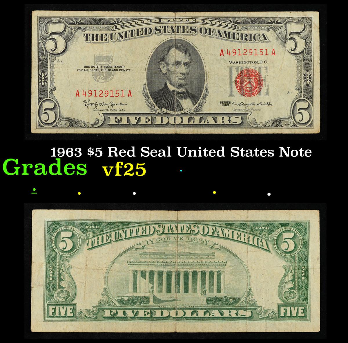 1963 $5 Red Seal United States Note Grades vf+