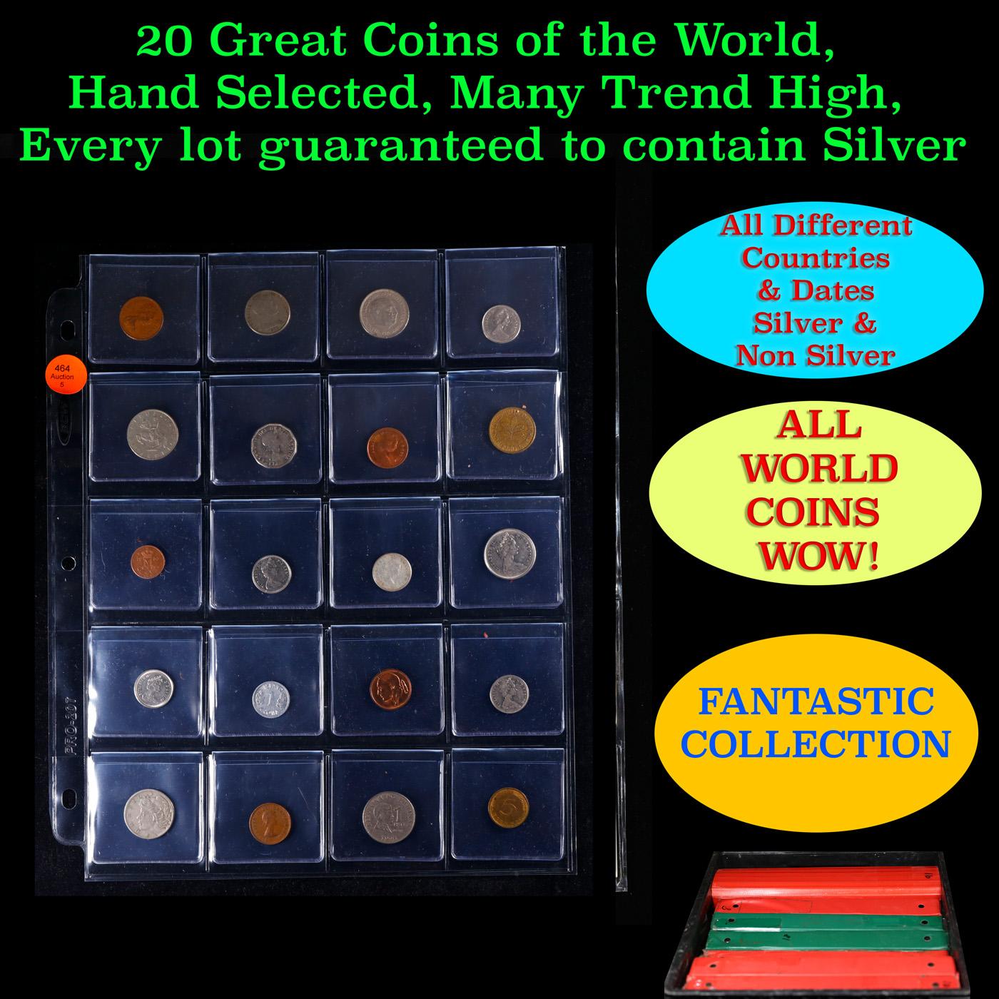 20 Great Coins of the World, hand selected, many trend high, every lot guaranteed to contain Silver.