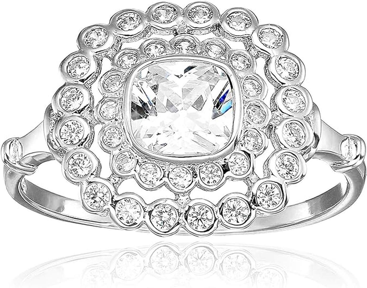 DECADENCE Sterling Silver 6mm Cushion Bezel Set Halo Cubic Zirconia Engagement Ring Size 8