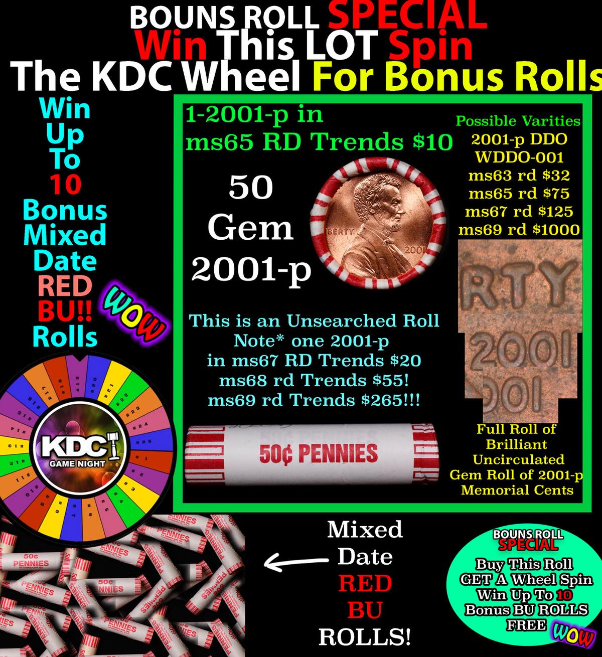 CRAZY Penny Wheel Buy THIS 2001-p solid Red BU Lincoln 1c roll & get 1-10 BU Red rolls FREE WOW