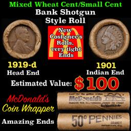 Lincoln Wheat Cent 1c Mixed Roll Orig Brandt McDonalds Wrapper, 1919-d end, 1901 Indian other end