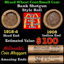 Lincoln Wheat Cent 1c Mixed Roll Orig Brandt McDonalds Wrapper, 1918-d end, 1908 Indian other end