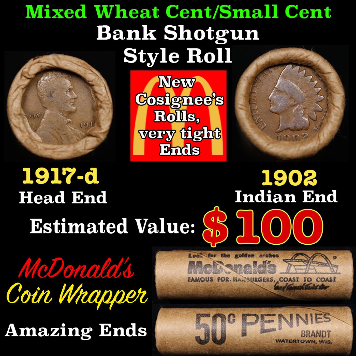 Lincoln Wheat Cent 1c Mixed Roll Orig Brandt McDonalds Wrapper, 1917-d end, 1902 Indian other end