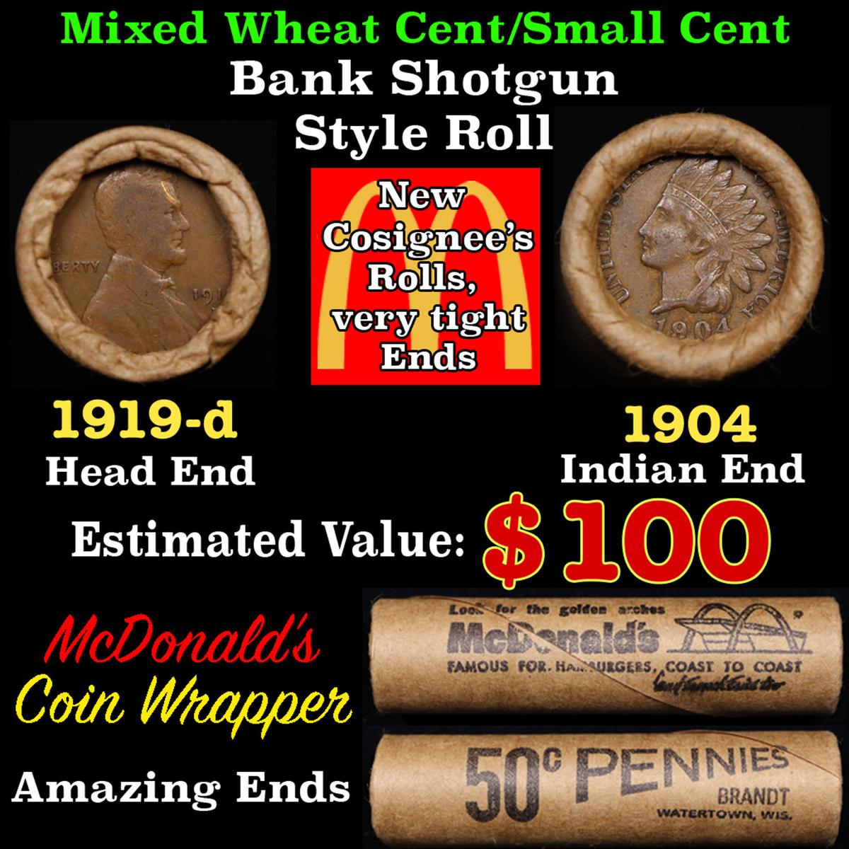 Lincoln Wheat Cent 1c Mixed Roll Orig Brandt McDonalds Wrapper, 1919-d end, 1904 Indian other end