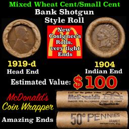 Lincoln Wheat Cent 1c Mixed Roll Orig Brandt McDonalds Wrapper, 1919-d end, 1904 Indian other end