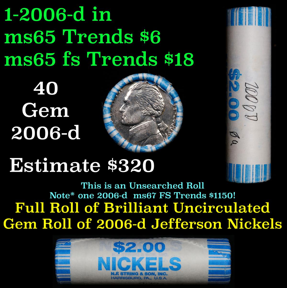BU Shotgun Jefferson 5c roll, 2000-p 40 pcs Bank $2 Nickel Wrapper OBW