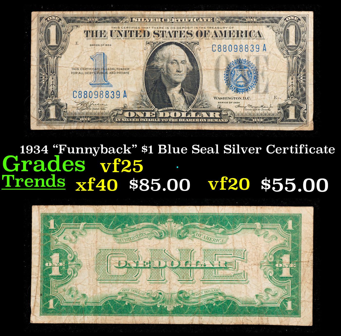 1934 "Funnyback" $1 Blue Seal Silver Certificate Grades vf+