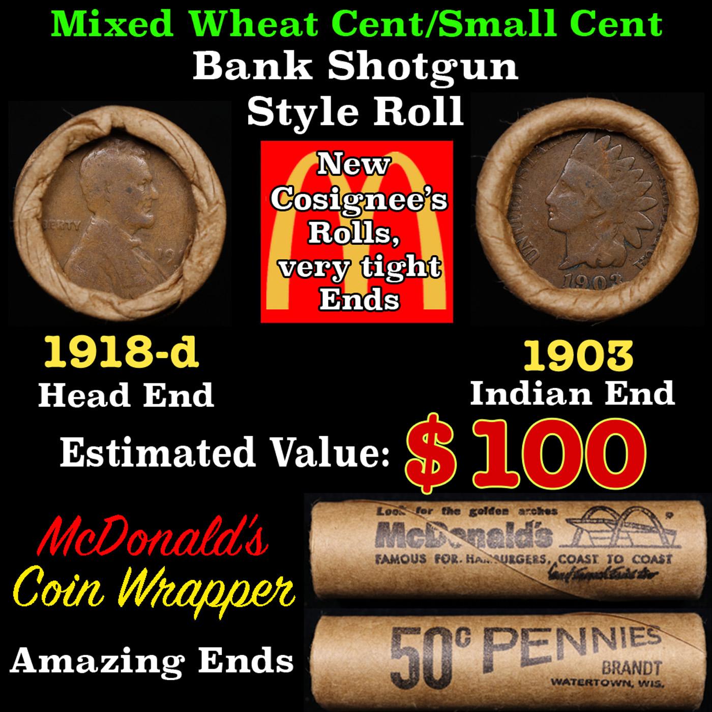 Lincoln Wheat Cent 1c Mixed Roll Orig Brandt McDonalds Wrapper, 1918-d end, 1903 Indian other end