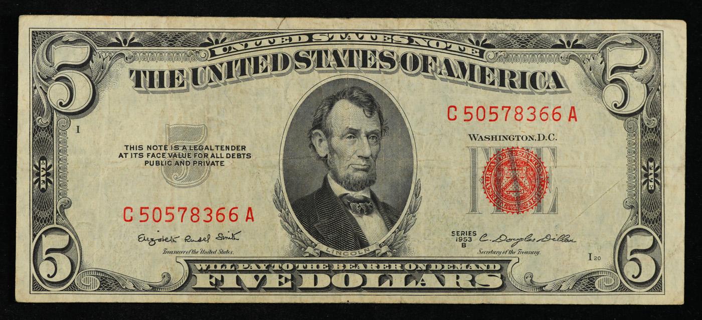 1953B $5 Red Seal United States Note Grades vf++