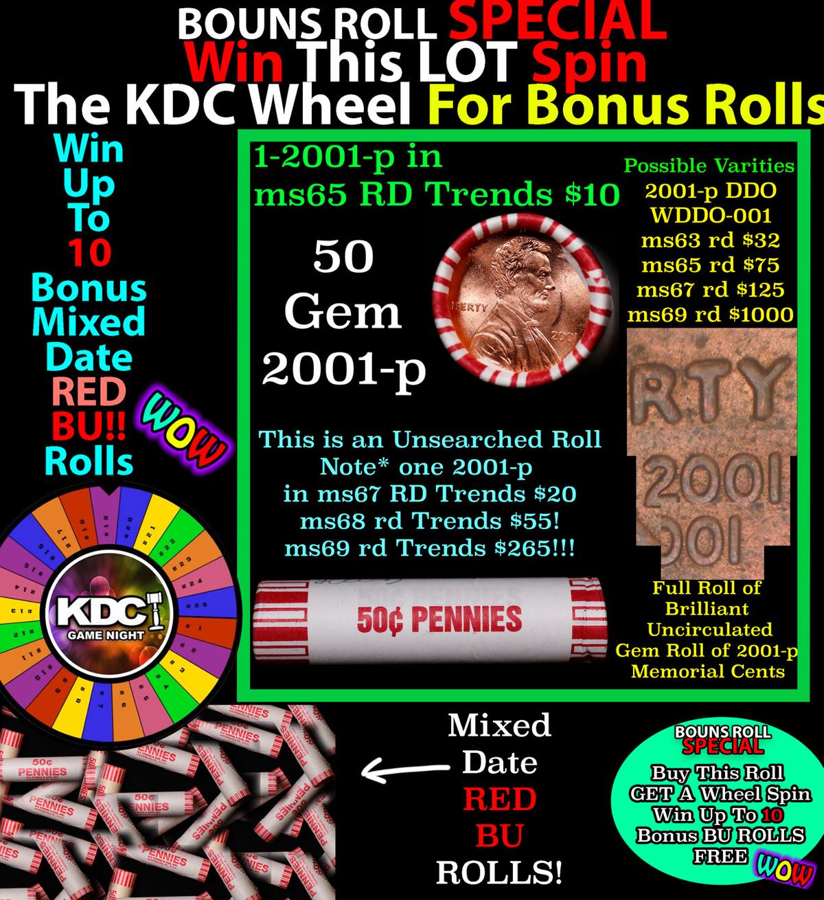 1-10 FREE BU RED Penny rolls with win of this 2001-p SOLID RED BU Lincoln 1c roll incredibly FUN whe