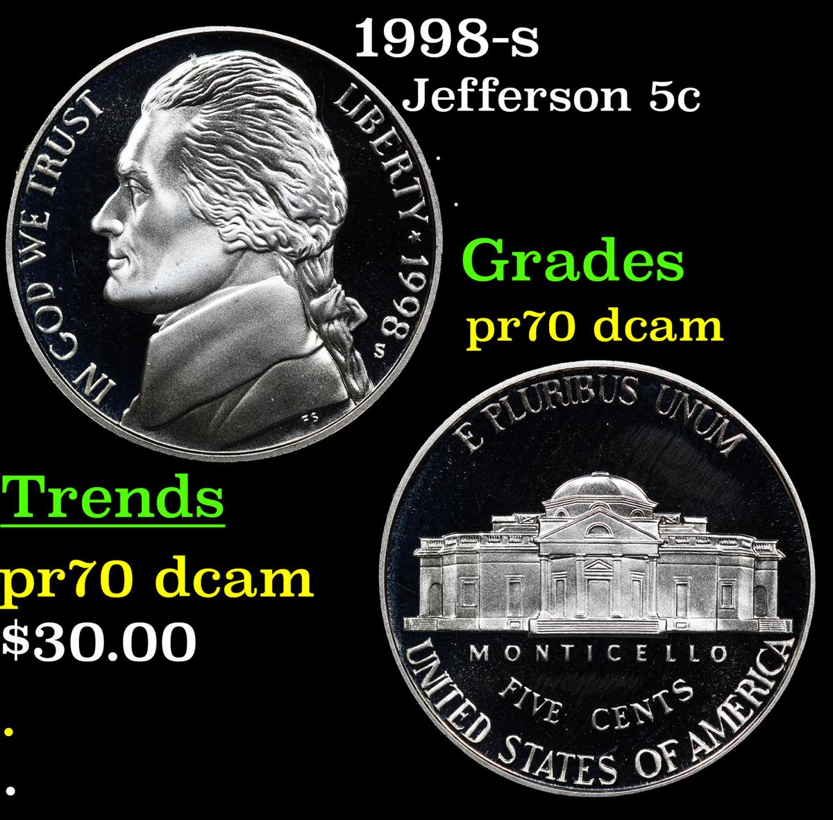 Proof 1998-s Jefferson Nickel 5c Grades GEM++ Proof Deep Cameo