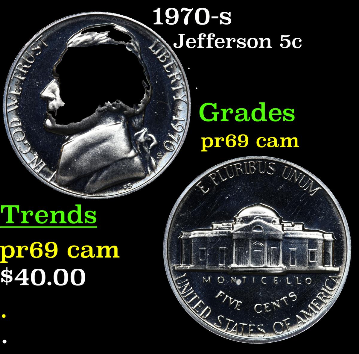 Proof 1970-s Jefferson Nickel 5c Grades GEM++ Proof Cameo