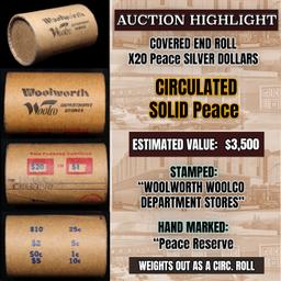 High Value - Mixed Covered End Roll - Marked "Morgan/Peace Reserve" - Weight shows x20 Coins (FC)