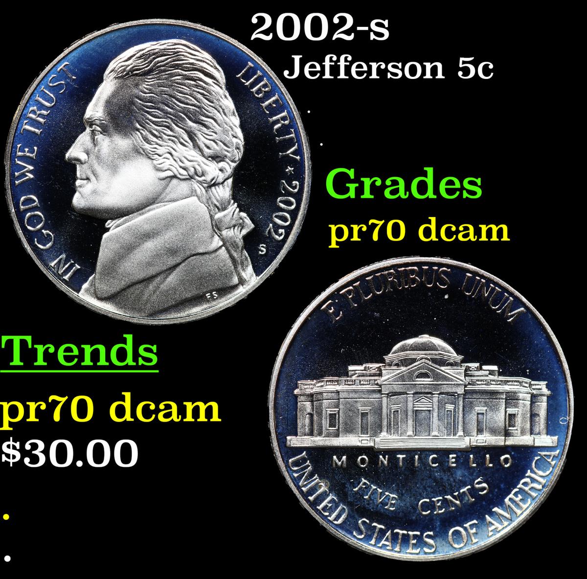 Proof 2002-s Jefferson Nickel 5c Grades GEM++ Proof Deep Cameo