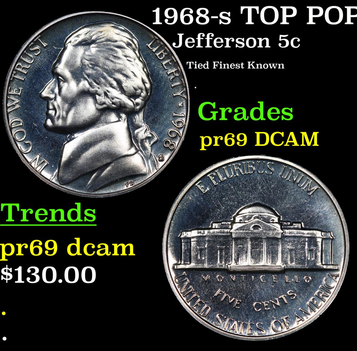 Proof 1968-s Jefferson Nickel TOP POP! 5c Graded pr69 DCAM By SEGS