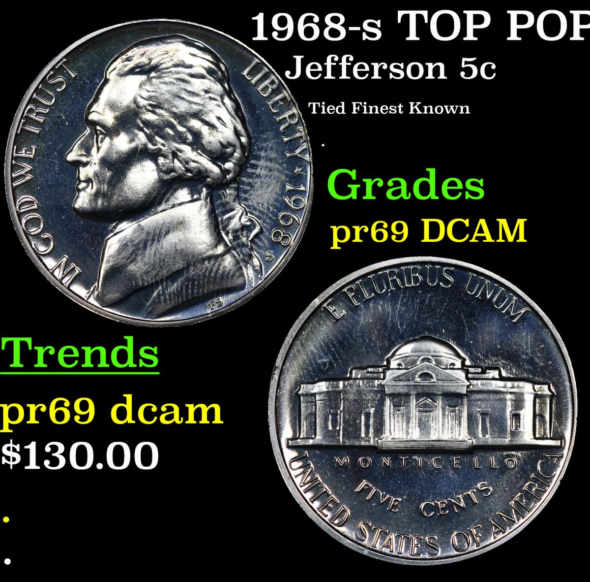 Proof 1968-s Jefferson Nickel TOP POP! 5c Graded pr69 DCAM By SEGS