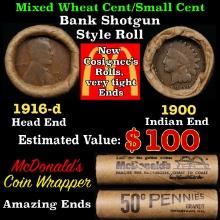 Small Cent Mixed Roll Orig Brandt McDonalds Wrapper, 1916-p Lincoln Wheat end, 1900 Indian other end