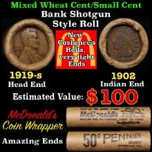 Small Cent Mixed Roll Orig Brandt McDonalds Wrapper, 1919-s Lincoln Wheat end, 1902 Indian other end