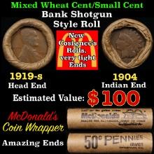 Small Cent Mixed Roll Orig Brandt McDonalds Wrapper, 1919-s Lincoln Wheat end, 1904 Indian other end