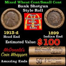 Small Cent Mixed Roll Orig Brandt McDonalds Wrapper, 1913-d Lincoln Wheat end, 1899 Indian other end