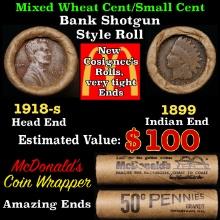 Small Cent Mixed Roll Orig Brandt McDonalds Wrapper, 1918-s Lincoln Wheat end, 1899 Indian other end