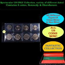 Superb Page of 8 US Coins 4x Kennedy Half Dollars, 4x Eisenhower $1's