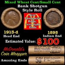 Small Cent Mixed Roll Orig Brandt McDonalds Wrapper, 1913-d Lincoln Wheat end, 1895 Indian other end