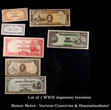 Lot of 7 WWII Japanese Invasion Money Notes - Various Countries & Denominations! Grades