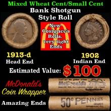 Small Cent Mixed Roll Orig Brandt McDonalds Wrapper, 1913-d Lincoln Wheat end, 1902 Indian other end