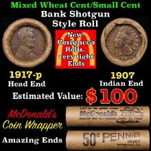 Small Cent Mixed Roll Orig Brandt McDonalds Wrapper, 1917-p Lincoln Wheat end, 1907 Indian other end