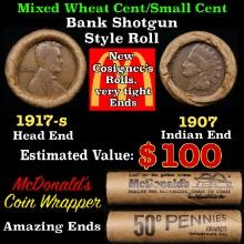 Small Cent Mixed Roll Orig Brandt McDonalds Wrapper, 1917-s Lincoln Wheat end, 1907 Indian other end