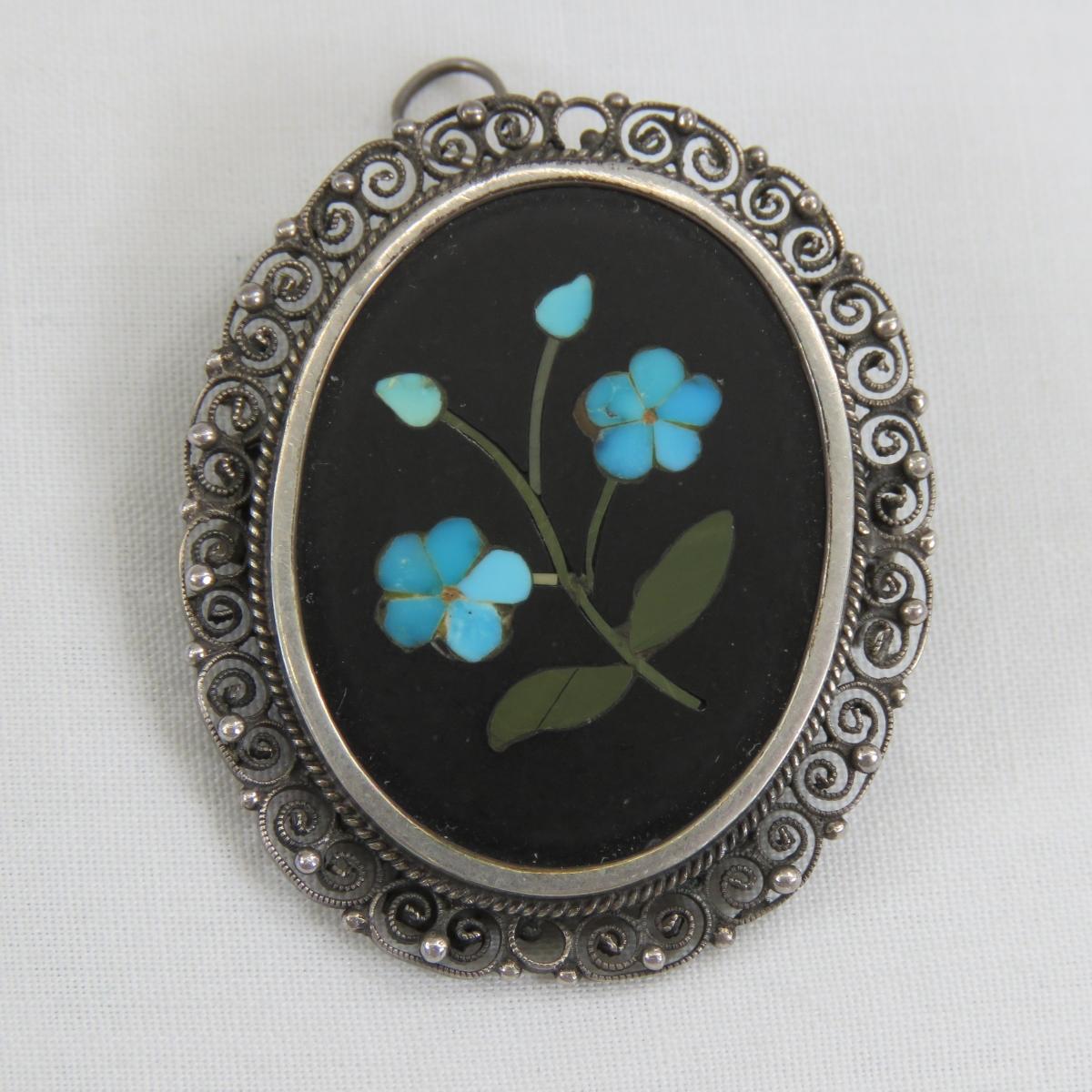 Antique Pietra Dura 800 Silver Brooch/Pendant