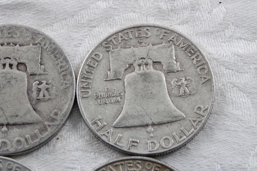 4 Franklin Half Dollars 1952, 1961D,1962D,1963D