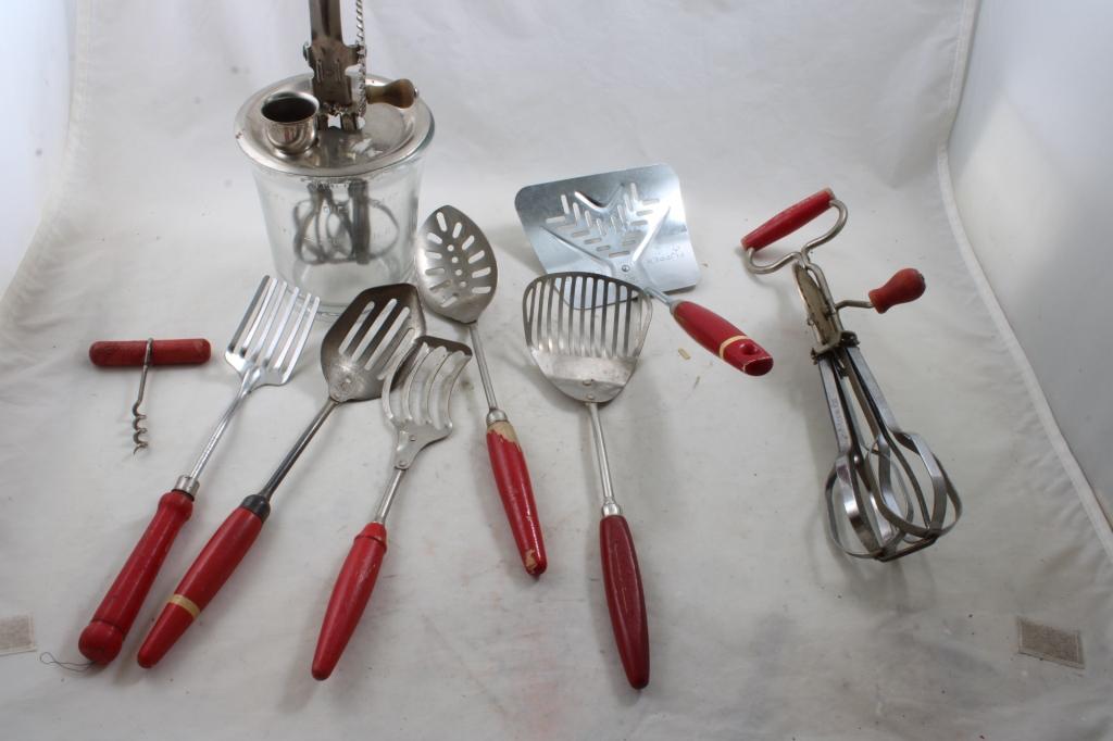 Kitchen Utensils Lot Red Wooden Handles