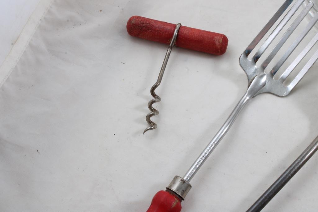 Kitchen Utensils Lot Red Wooden Handles