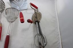 Kitchen Utensils Lot Red Wooden Handles