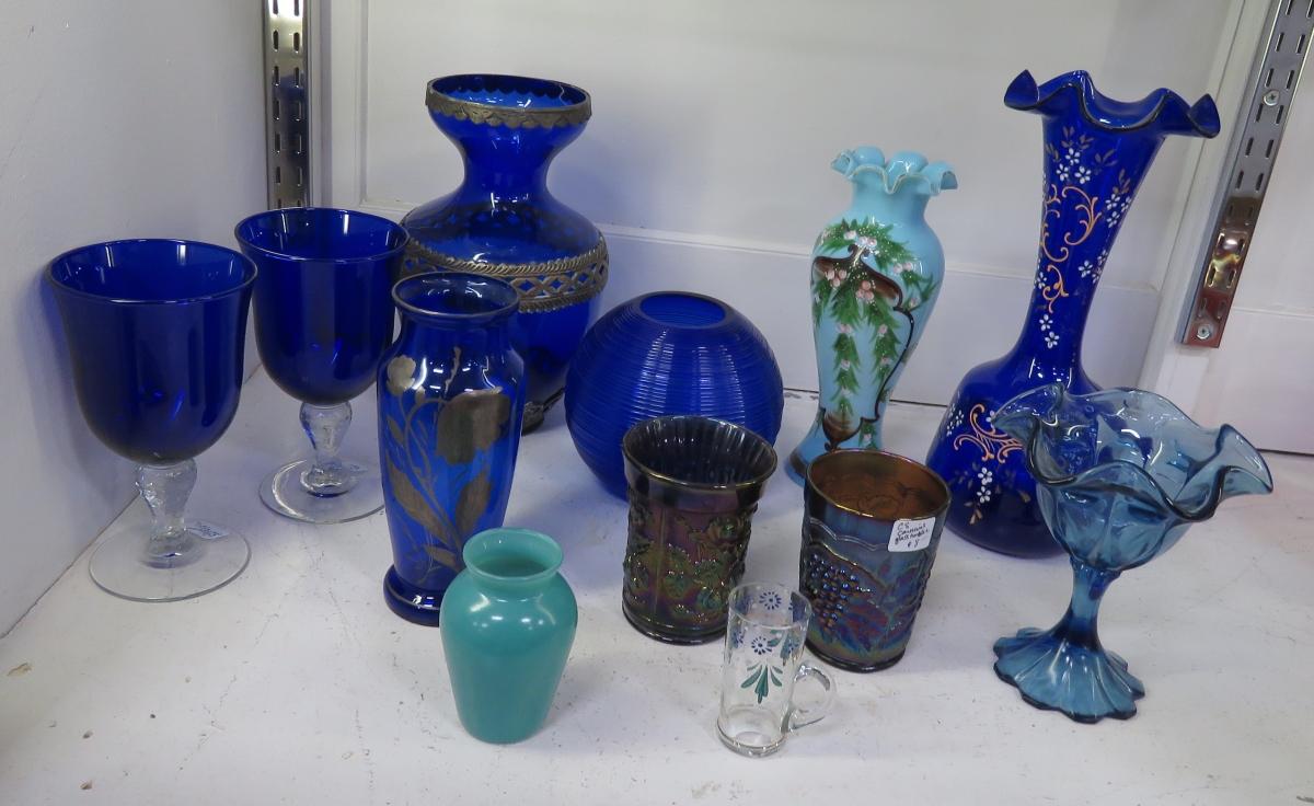 Antique Hand Painted Cobalt & Other Blue Glass