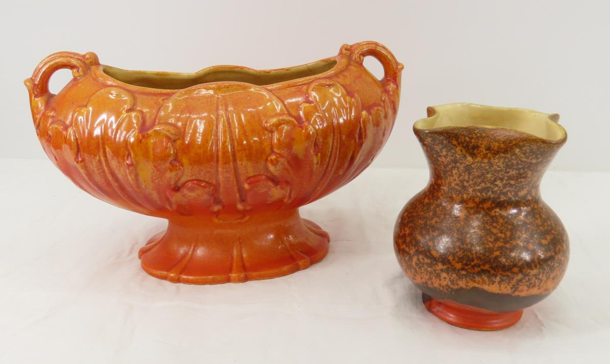 2 Orange Rum Rill Red Wing Art Pottery Pieces