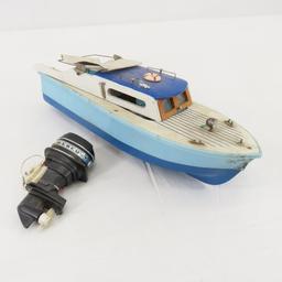 Vintage Wood & Plastic Boat Model with Engine