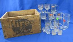 Hires Root Beer Wooden Crate & Assorted Glass Mugs