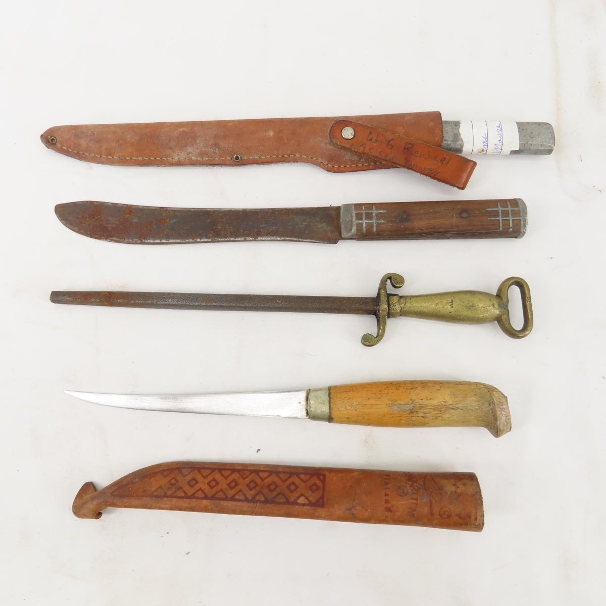 1920's tackle box & group of fixed blade knives