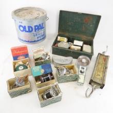 Vintage fishing reels, minnow bucket, scale & more