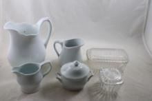 Glass Food Savers, Creamer, Sugar, 2 Pitchers