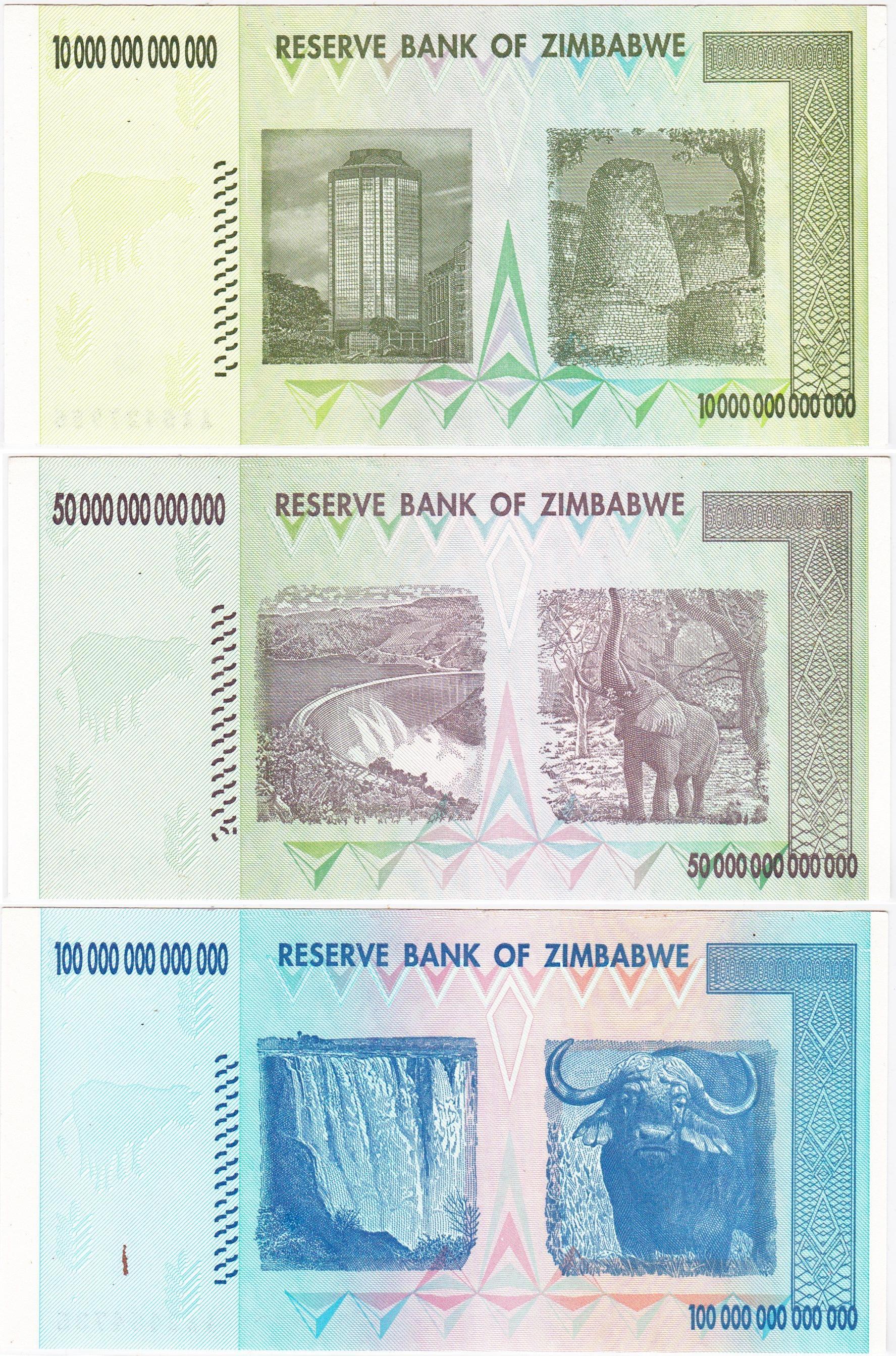 Lot of 3 high-denomination 2008 AA series Zimbabwe banknotes