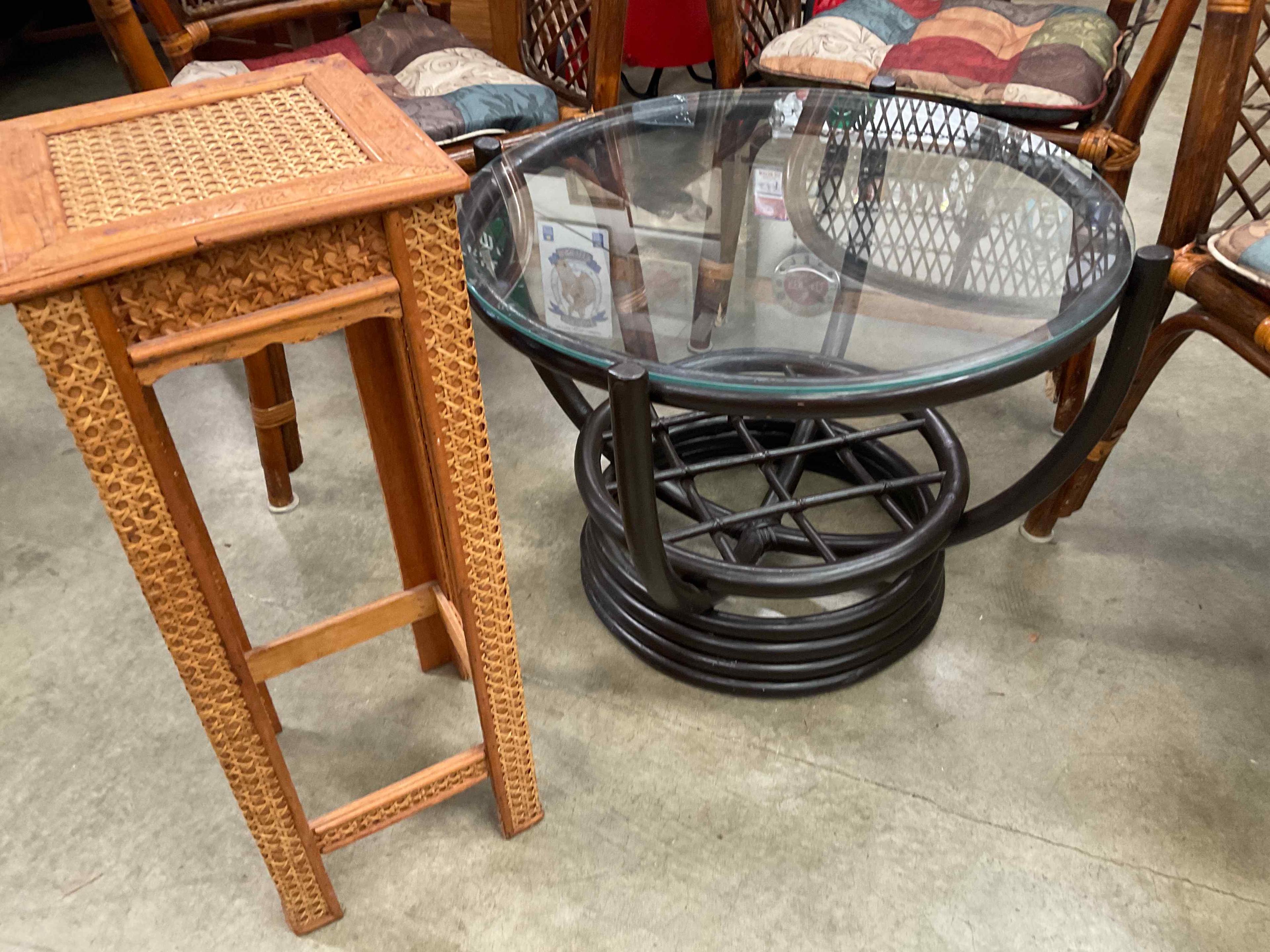 Three Rattan Chairs, Round Table, Plant Stand