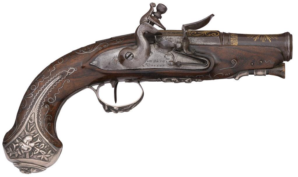 Gold Embellished Silver Mounted French Flintlock Pocket Pistol